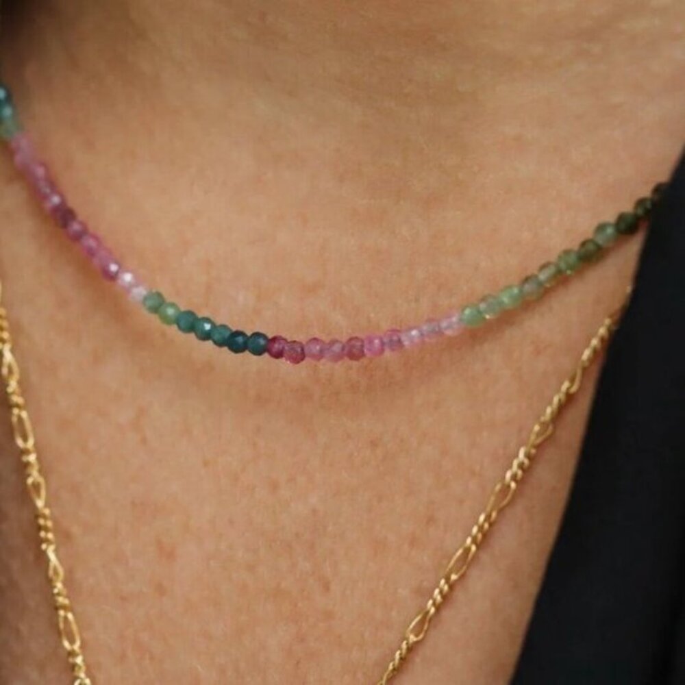 Watermelon Tourmaline Dainty Beaded Necklace Colorful Stacking Necklace PRETTY - Picture 4 of 12